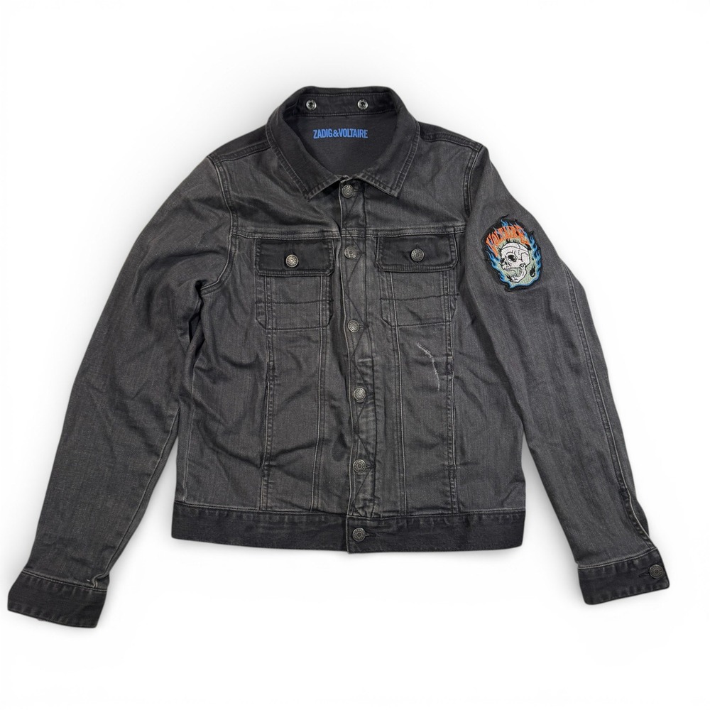 Zadig & Voltaire‎ Noah Faded Black Denim Trucker Jacket Skull Patch Womens 14-S